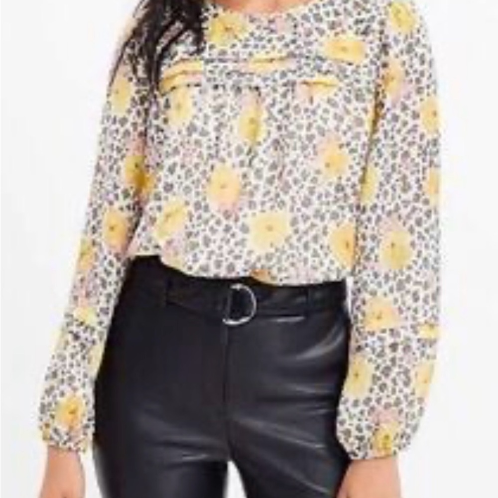 LOFT Yellow and Gray Ruffled Blouse with Peter Pan Collar